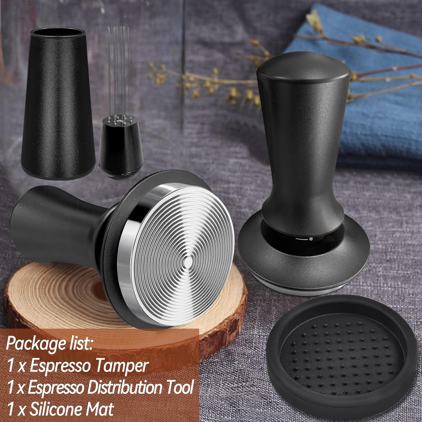 Espresso Tamper, Coffee Tamper with WDT Tool, Stainless Steel Coffee Tamper, 51mm Espresso Tamper, Coffee Tamper with Silicone Mat