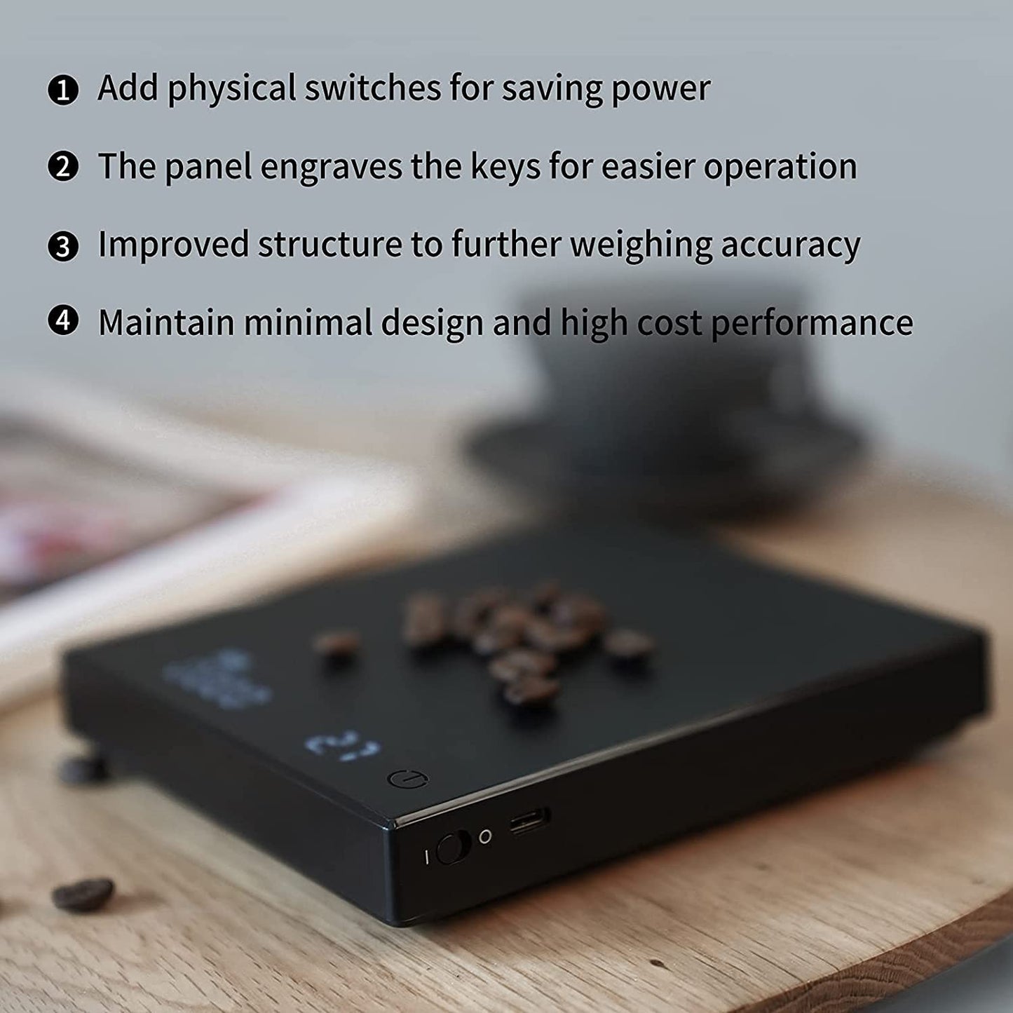 Basic+ coffee scale with timer, 2000g capacity, black, high precision, high-quality materials, advanced functions, USB charging.