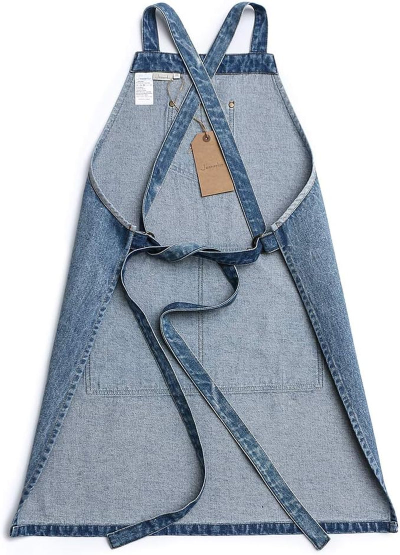 Cotton Denim Apron, Adjustable Cross Back Apron, Barista Apron with Pockets, Professional Apron for Men and Women