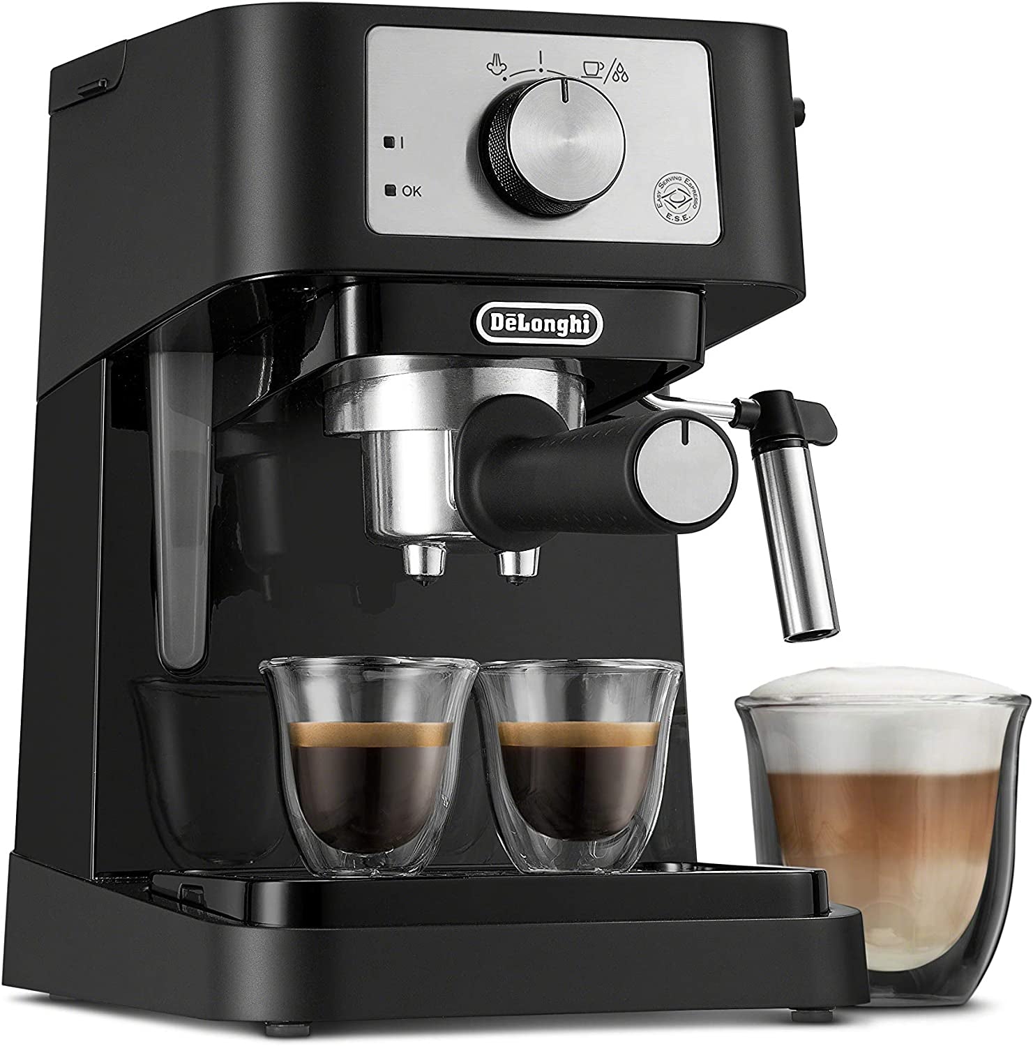 Stilosa Manual Espresso Machine, Latte Maker, Cappuccino Maker, 15 Bar Pump, Milk Frother, Black/Stainless Espresso Machine, EC260BK