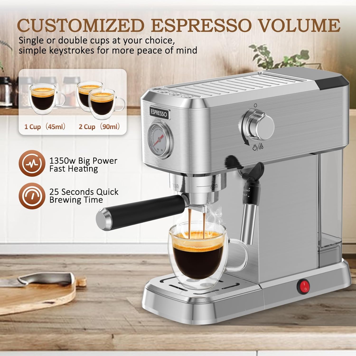 Espresso Machine, 20 Bar Espresso Maker, Milk Frother Steam Wand, Stainless Steel, 50Oz Water Tank, Home Coffee Machine, Cappuccino Latte Maker