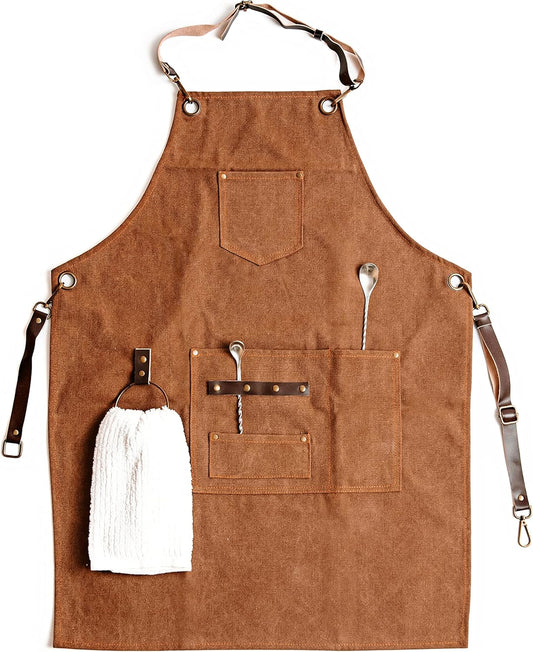 Barista Faux Leather and Canvas Apron, Adjustable Apron with Pockets, Brown Apron for Men and Women