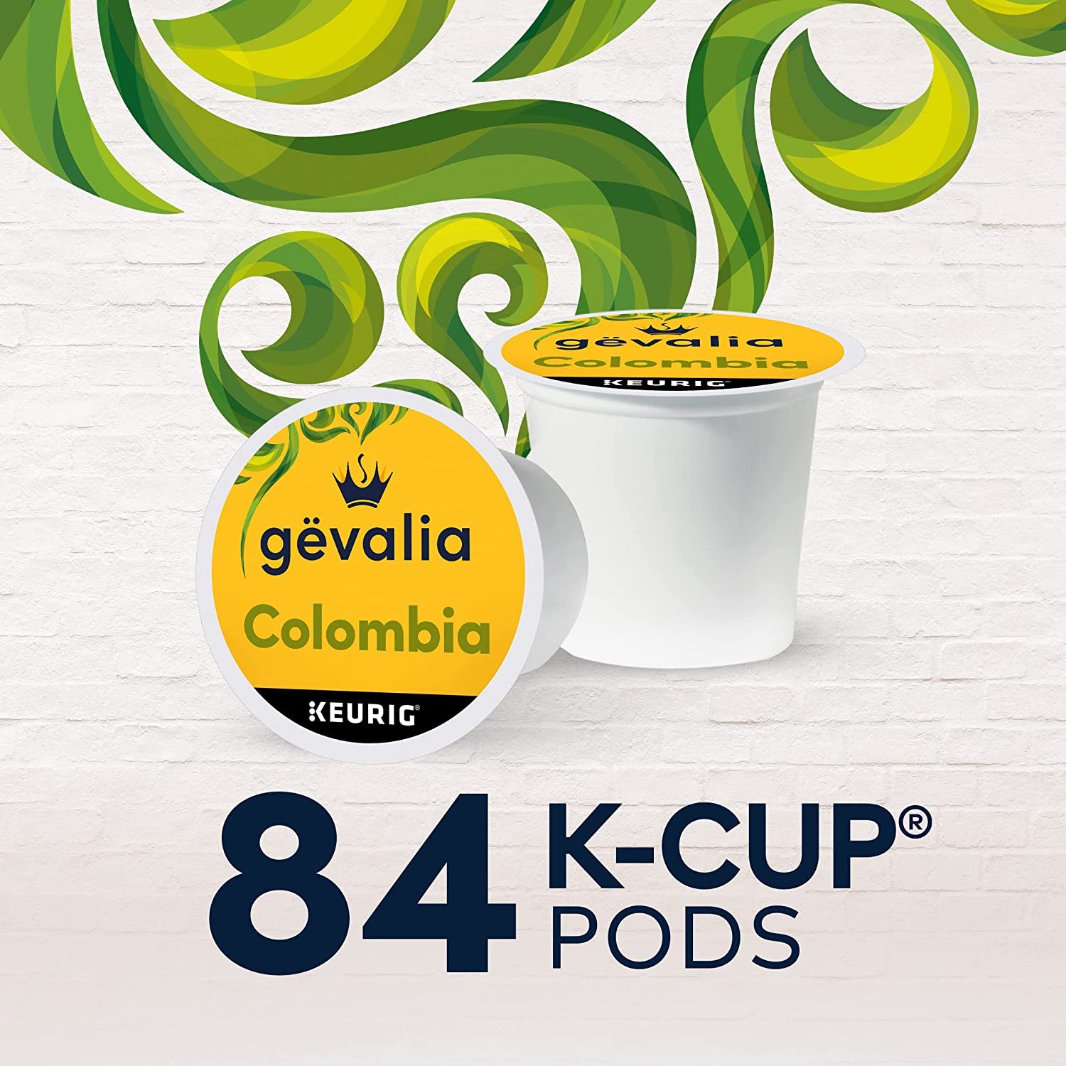 Box of 84 Gevalia Colombia K-Cup coffee pods, keto and low carb friendly, compatible with Keurig brewers, featuring 100% Arabica beans.