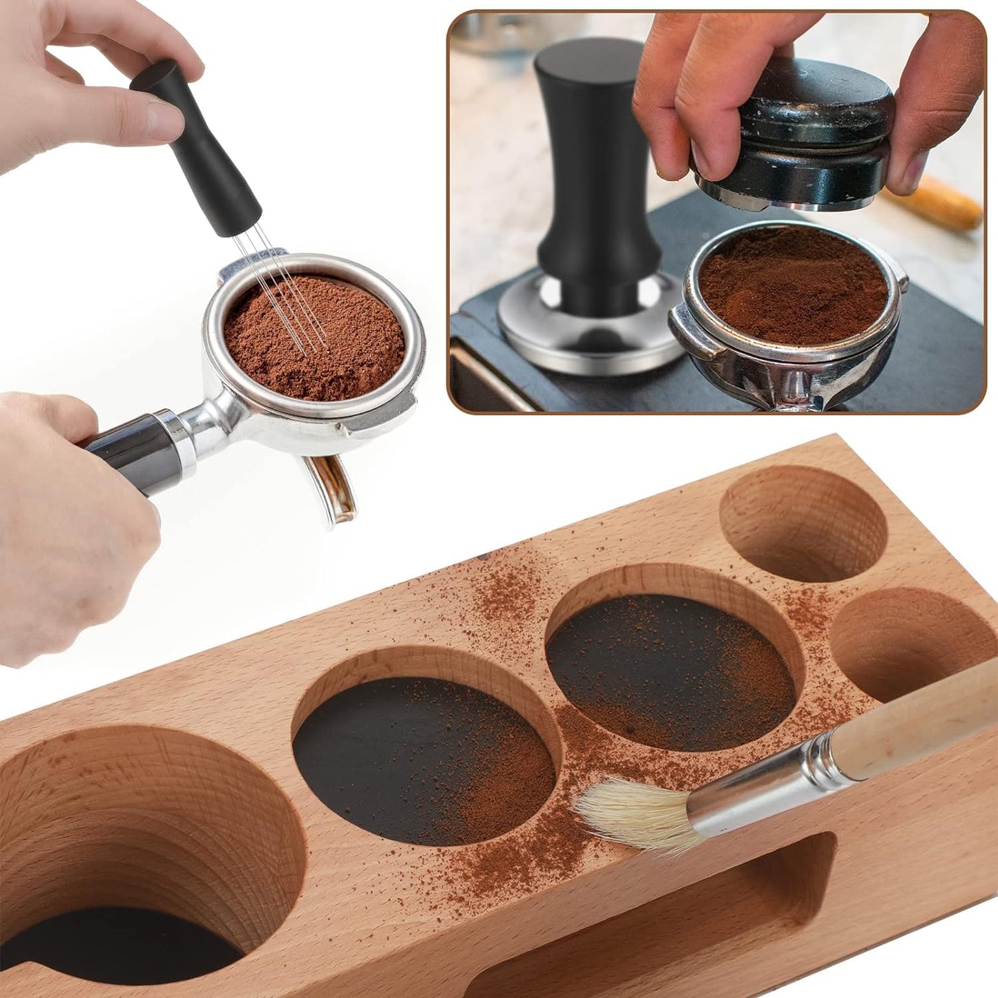 58mm espresso accessories kit, wooden tamper station, coffee distributor, espresso stirrer, coffee tamper, barista tools