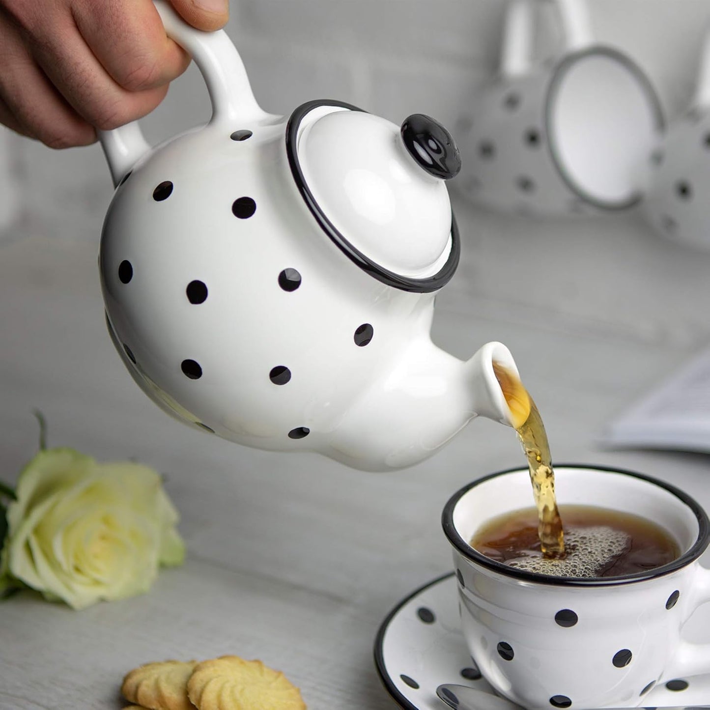 Ceramic 26 Oz Teapot, White & Black Polka Dot Teapot, Handcrafted Teapot, Blooming and Loose Tea Teapot, Microwave Safe Teapot