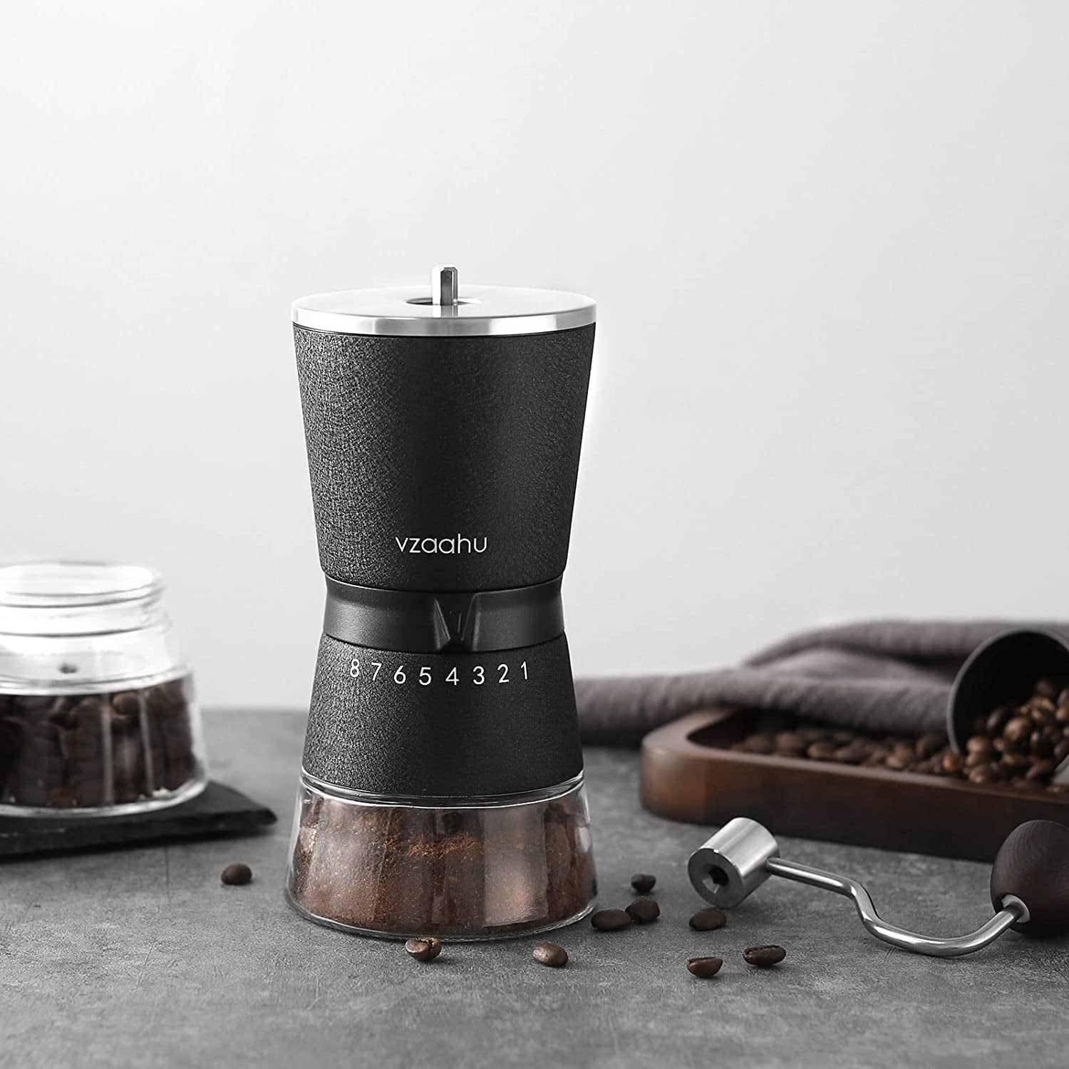 Manual Coffee Grinder, Stainless Steel Conical Burr Grinder, Black Rock Texture Coffee Grinder, Adjustable Grind Settings, Portable Coffee Grinder, Quiet Coffee Grinder, Travel Coffee Grinder, Hand Coffee Grinder with Glass Jars