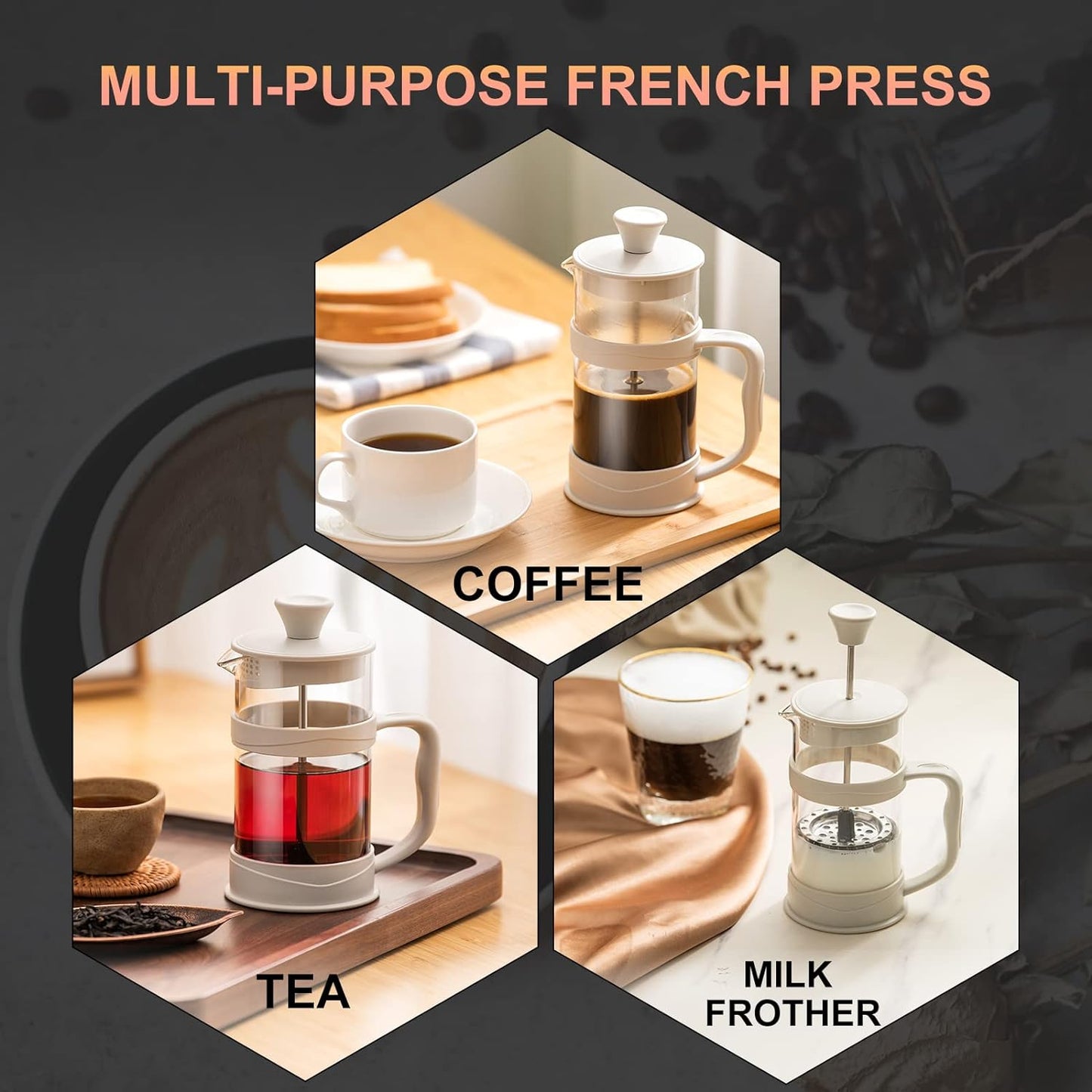 French press coffee maker, 11.8 oz French press, mini coffee press, stainless steel filter French press, heat-resistant glass coffee maker, portable French press, travel coffee maker, home coffee press, white French press, cold brew coffee maker