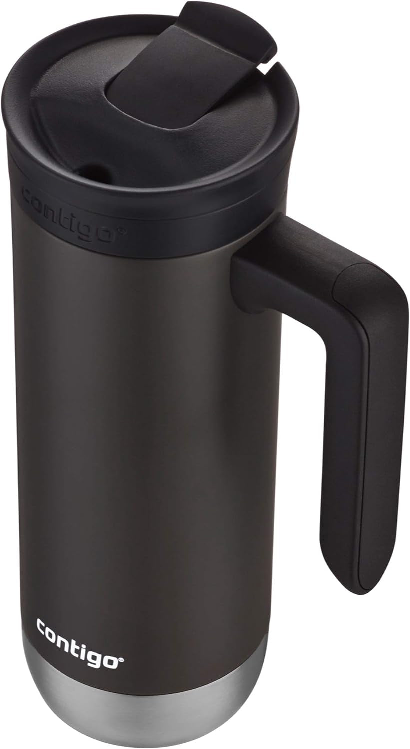 stainless steel travel mug with handle, leak-proof travel mug, insulated travel mug, 20 oz travel coffee mug, thermal travel mug, one-handed drinking travel mug, durable stainless steel mug, portable coffee mug