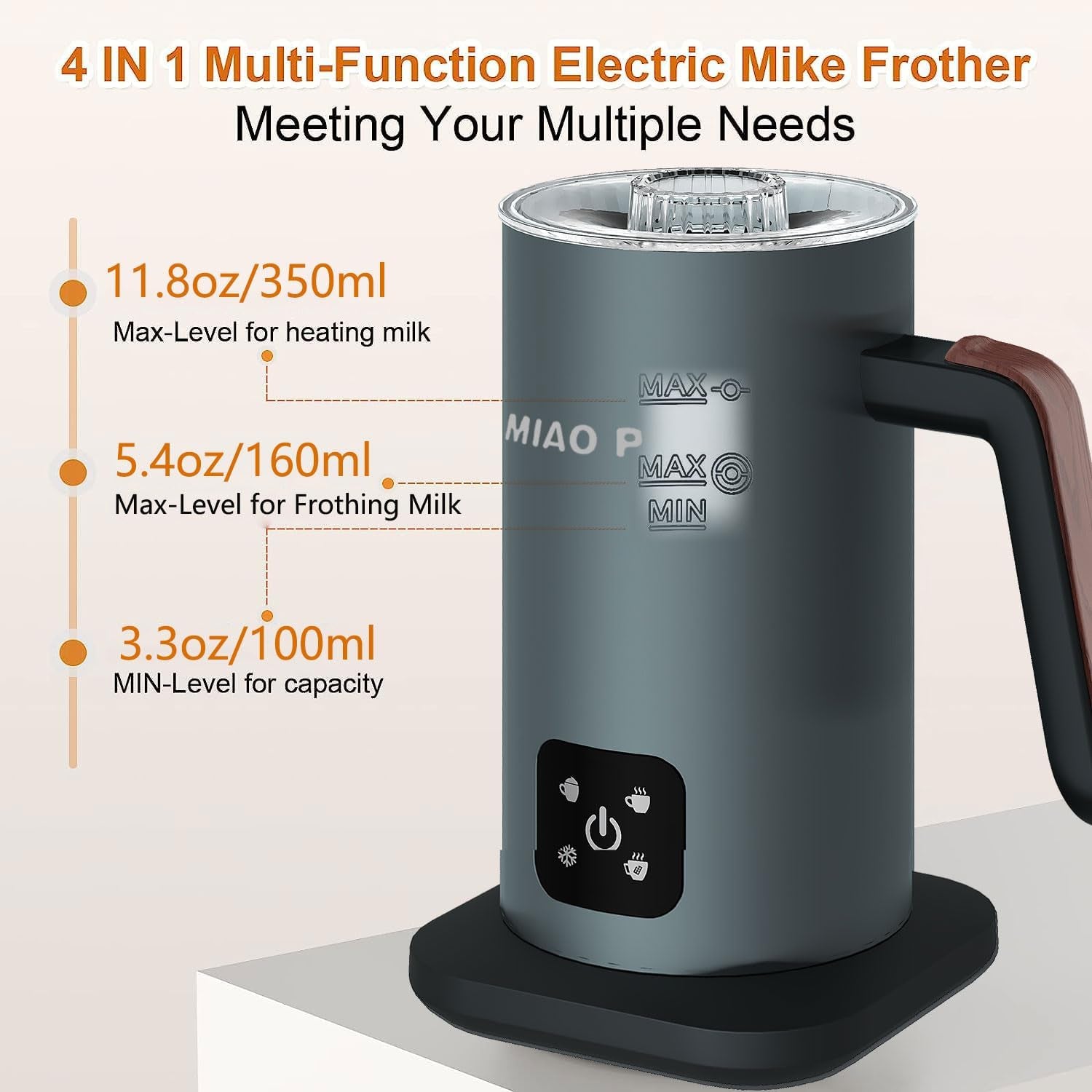 Electric milk frother and steamer, Stainless steel milk foamer, 4-in-1 milk frother, 11.8 oz milk frother, Hot and cold milk frother, Automatic milk frother, Quiet milk frother, Large capacity milk frother, Easy to clean milk frother, Silent operation milk frother, Milk steamer for coffee, Frother for lattes and cappuccinos