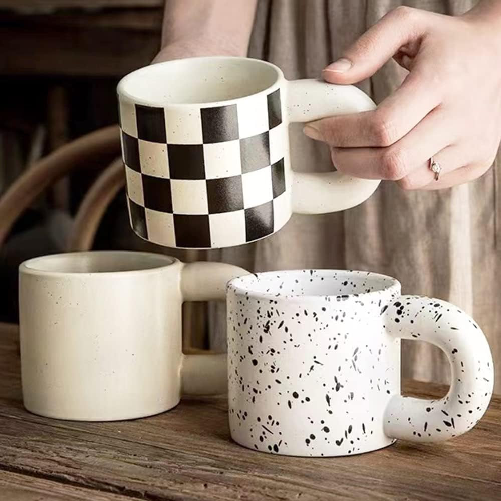 Ceramic coffee mug with checkerboard design, round handle mug, 12 oz ceramic tea cup, microwave safe coffee mug, dishwasher safe black and white mug, modern ceramic coffee cup, unique coffee gift mug, fat handle coffee mug.