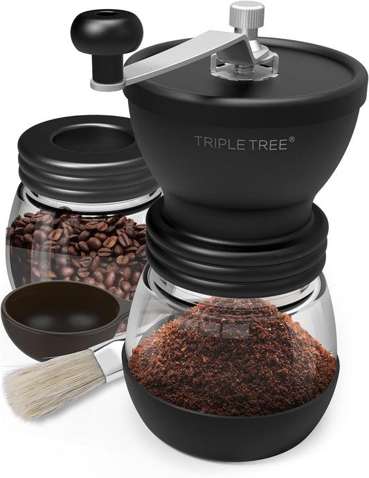 Manual coffee grinder with ceramic burrs, hand coffee mill with glass jars, adjustable grind coffee grinder, easy to clean coffee grinder, portable coffee grinder with brush and scoop, stainless steel handle coffee grinder, ceramic burr coffee grinder, coffee mill with storage jars