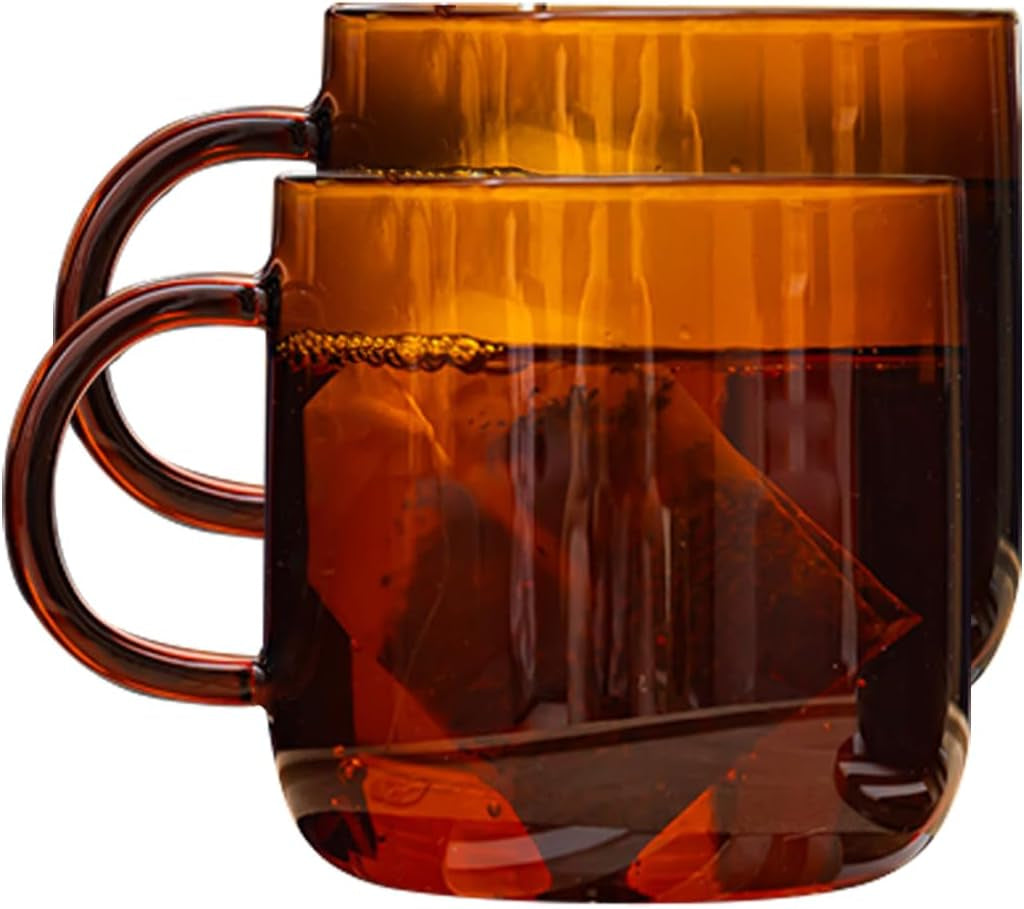 Amber glass mug, versatile glass mug, amber coffee mug, elegant amber drinkware, hot and cold beverage mug, dishwasher-safe glass mug, stylish glass mug, durable glass mug