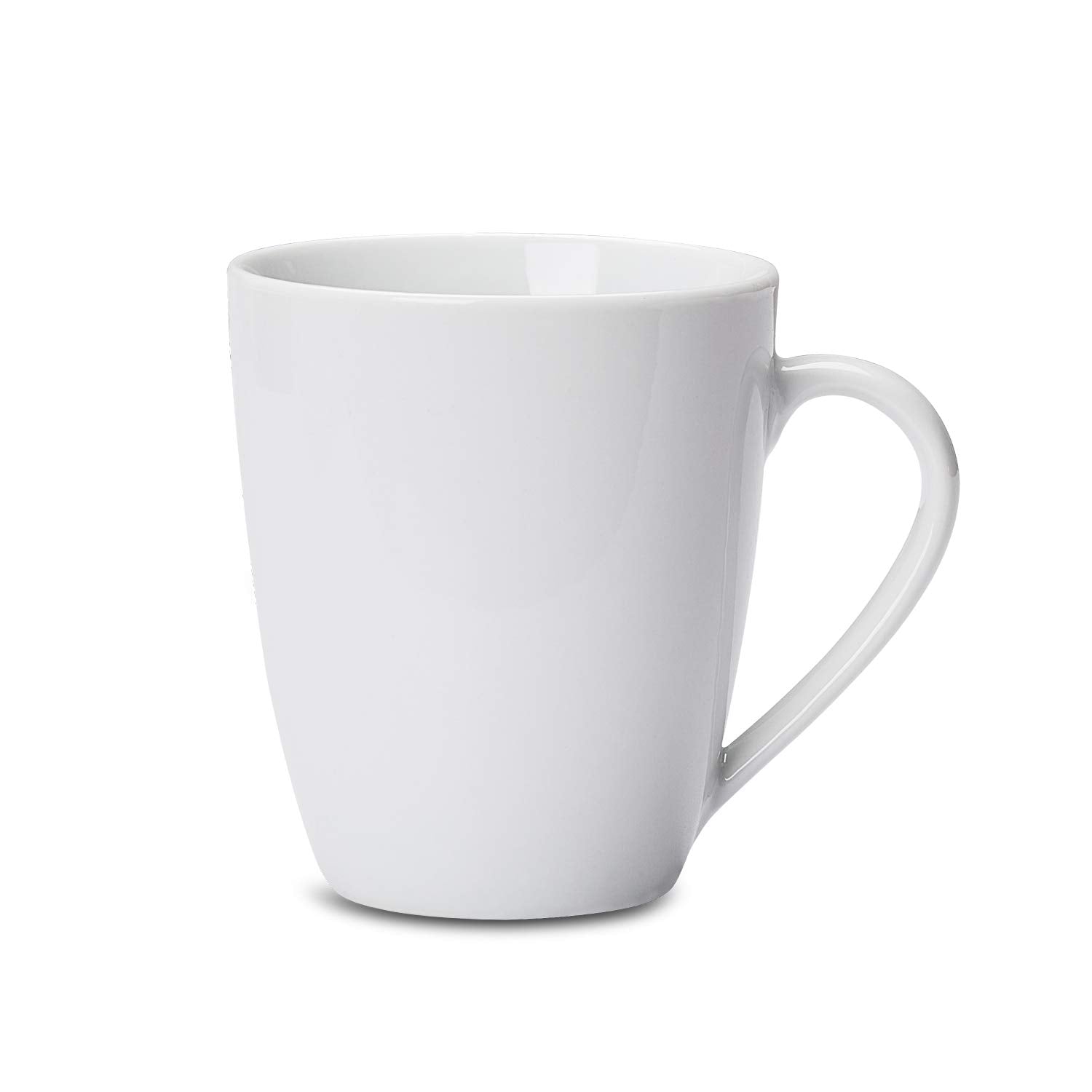 Set of 12 white porcelain coffee mugs, 12 ounces each, durable and stackable, oven and microwave safe, ideal for restaurants and everyday use.