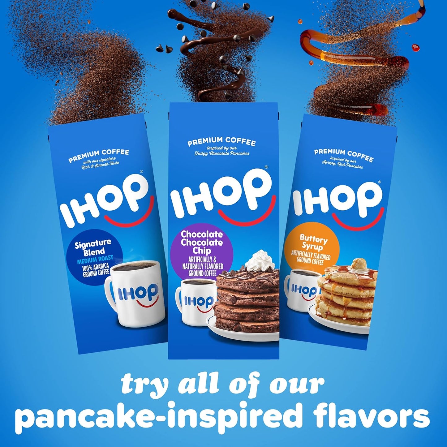 IHOP Chocolate Chocolate Chip flavored ground coffee, 11 oz bag, premium Arabica beans, home brewing, indulgent coffee, kosher certified.