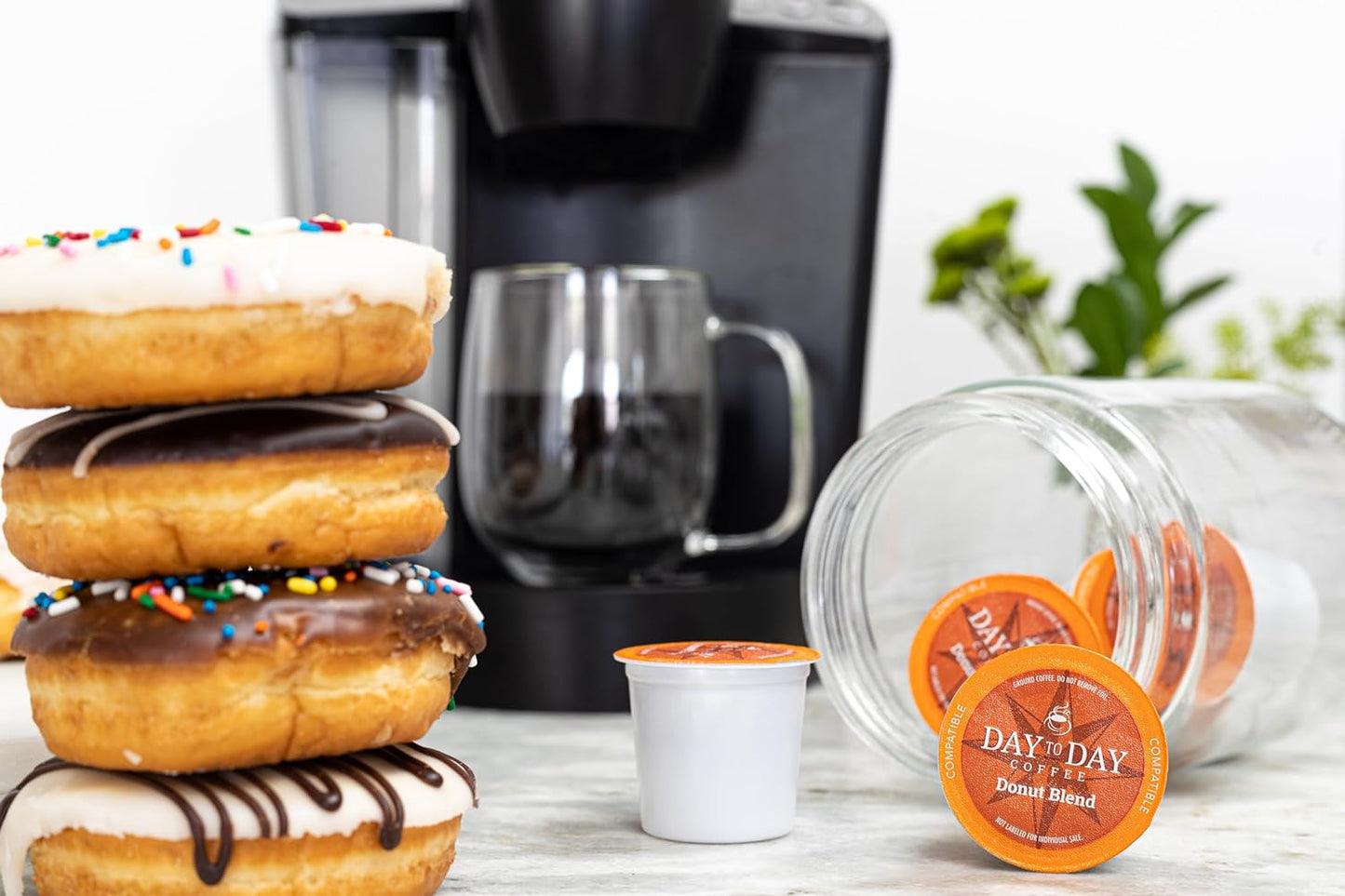 Donut blend coffee pods, Keurig K-Cup compatible, Medium roast coffee, 120-count coffee pods, Bakery style coffee, Smooth balanced coffee, Kosher coffee pods, USA-made coffee, Light acidity coffee, Single-serve coffee pods.