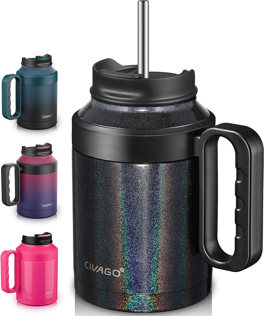  50 oz insulated tumbler, black glitter, double-walled vacuum insulation, 2-in-1 lid, stainless steel straws, large capacity water bottle, durable stainless steel tumbler, classic style, sweat-free design