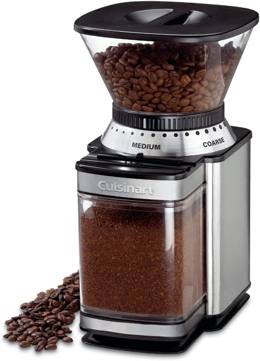 Electric burr grinder, One-touch automatic grinder, 18-position grind selector, Cuisinart burr mill, Stainless steel coffee grinder, Removable bean hopper, Uniform coffee grind, Coffee grinder with timer, Heavy-duty motor grinder, Home coffee grinder