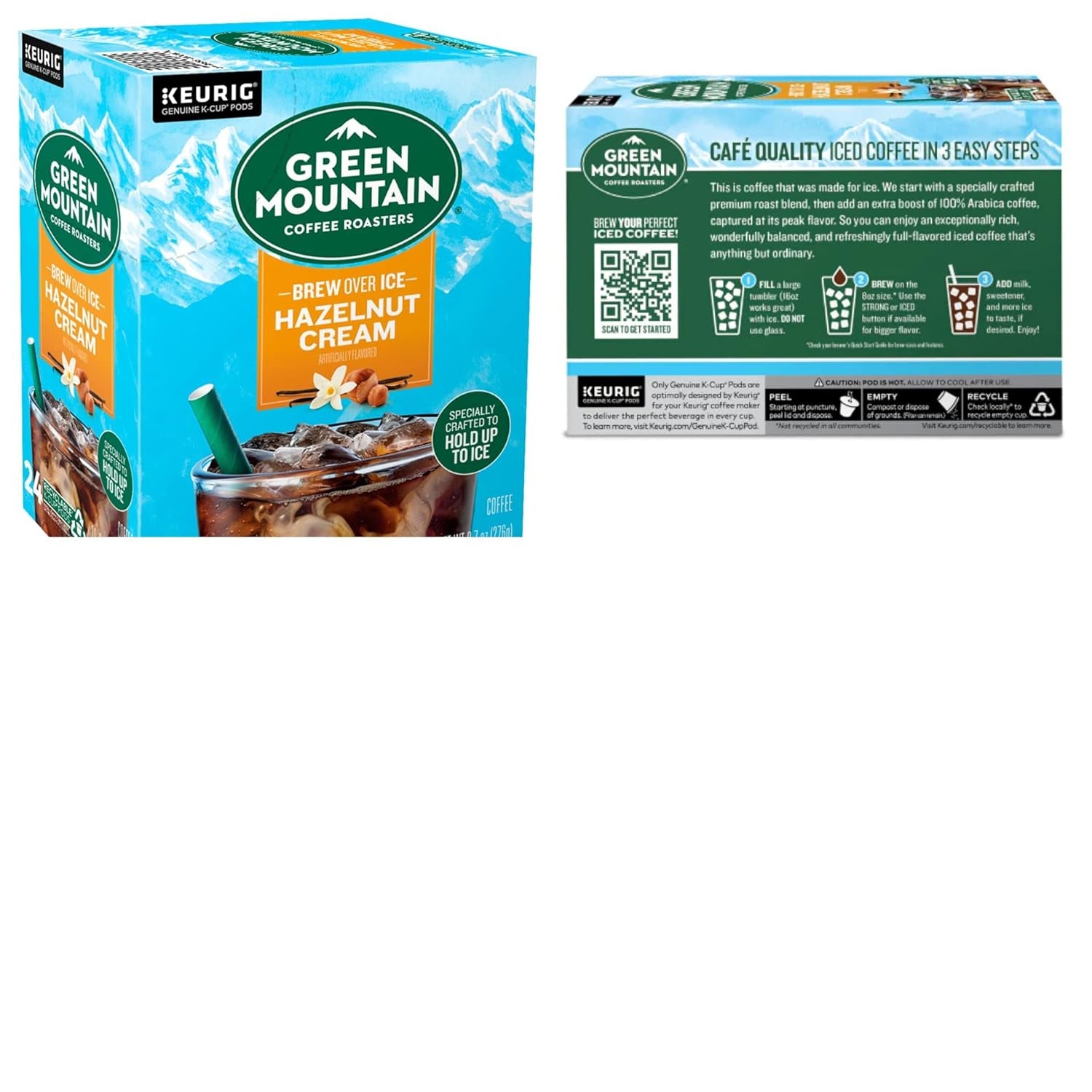 Green Mountain Brew Over Ice Hazelnut Cream Iced Coffee K-Cups, 24 count, medium roast, Keurig compatible.