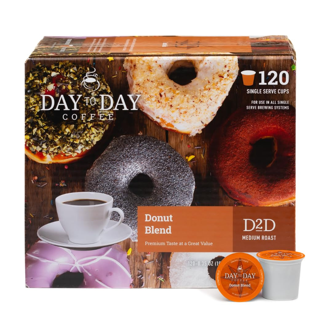 Donut blend coffee pods, Keurig K-Cup compatible, Medium roast coffee, 120-count coffee pods, Bakery style coffee, Smooth balanced coffee, Kosher coffee pods, USA-made coffee, Light acidity coffee, Single-serve coffee pods.