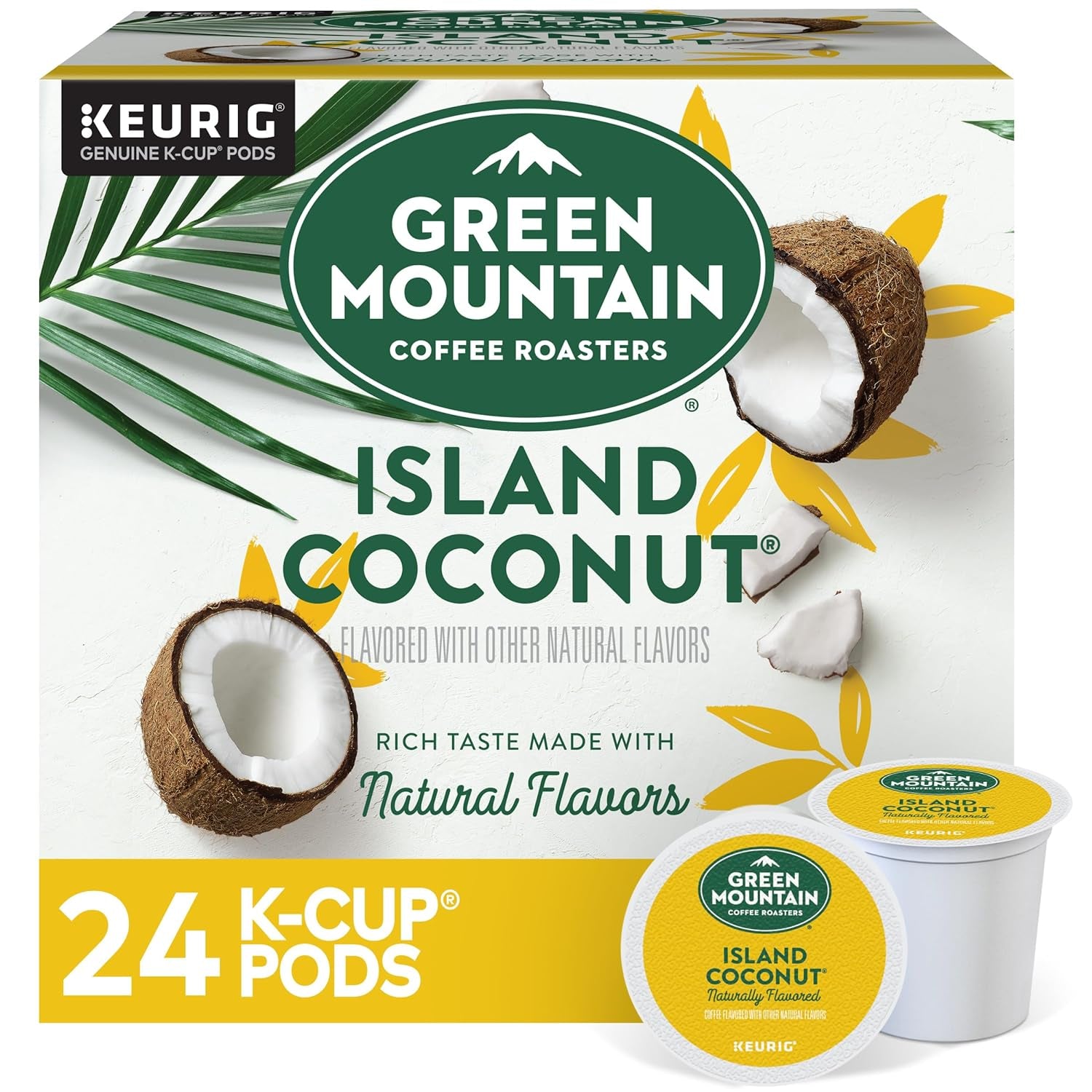 Island Coconut K-Cup Pods, light roast, sweet creamy coconut flavor, 24 count, Fair Trade Certified, Kosher, Limited Edition.