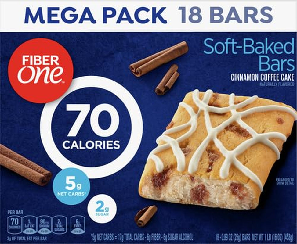 Fiber One Cinnamon Coffee Cake Bars, 70 Calorie Soft-Baked Bars, Healthy Fiber Snacks, Low Calorie Treats, 18 Count Snack Bars