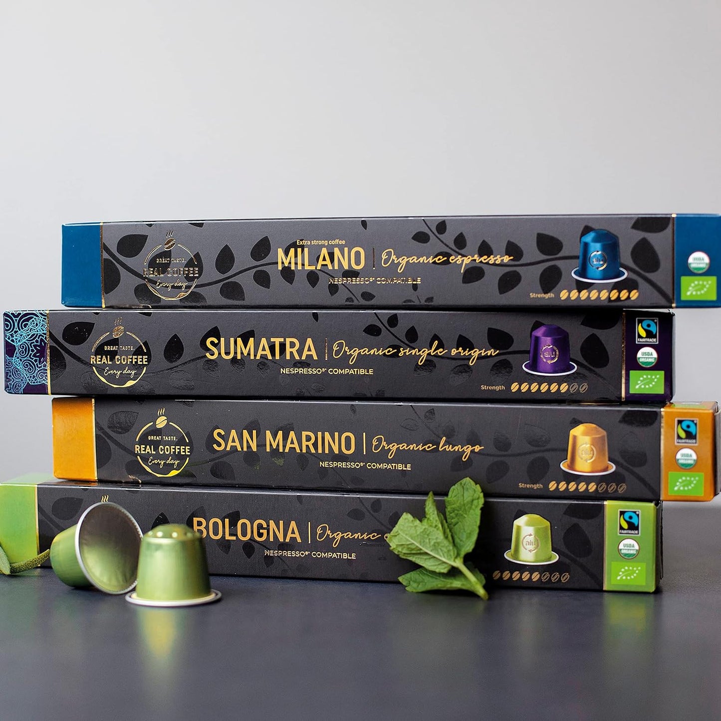 Organic espresso pods variety pack, Fairtrade Nespresso compatible capsules, aluminum coffee pods for original line Nespresso machines, 100 USDA organic espresso capsules, Italian espresso and lungo coffee pods.