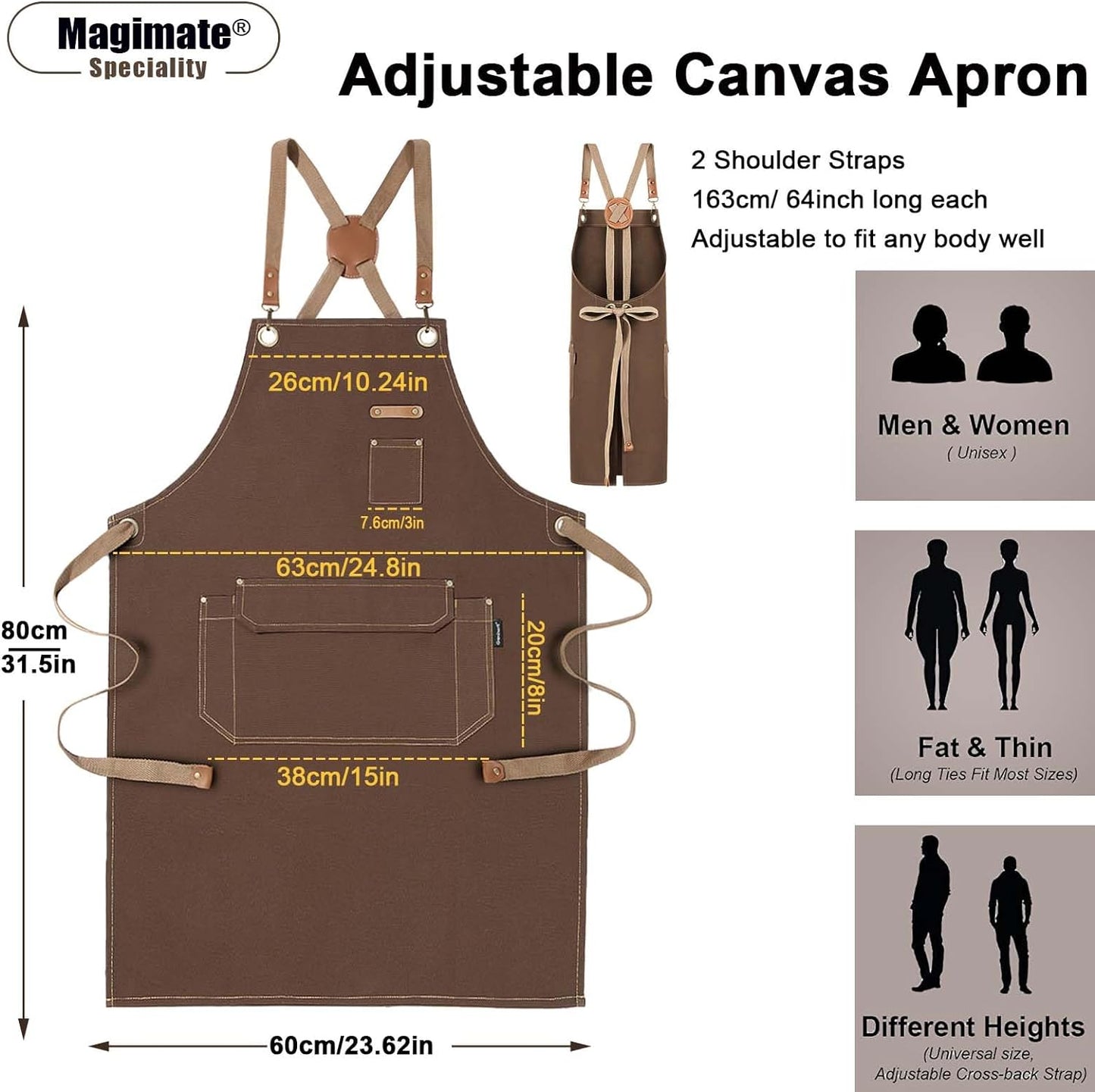 Chef Apron with Cross Back Straps, Cotton Canvas Apron, Artists Apron, Cooking Apron, Brown Apron, Water-resistant Apron, Adjustable Apron