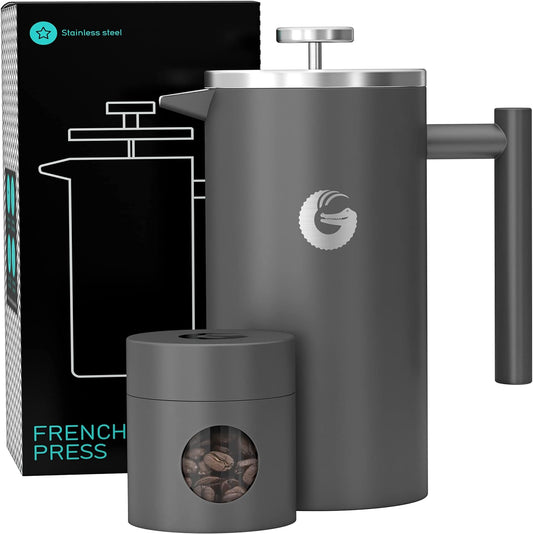 Thermal Insulated French Press Coffee Maker, 34Oz, Double Wall Stainless Steel, Gray