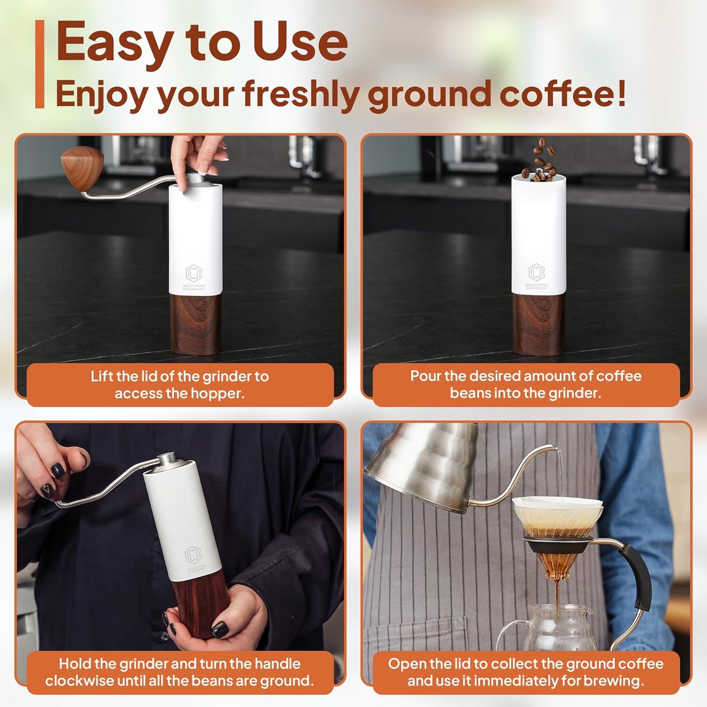 manual coffee grinder, stainless steel conical burr, portable coffee grinder, adjustable grind size, ergonomic design coffee grinder, compact hand coffee grinder, durable coffee grinder, easy to clean coffee grinder, travel coffee grinder, BrightMind Workshop coffee grinder, white and wood coffee grinder