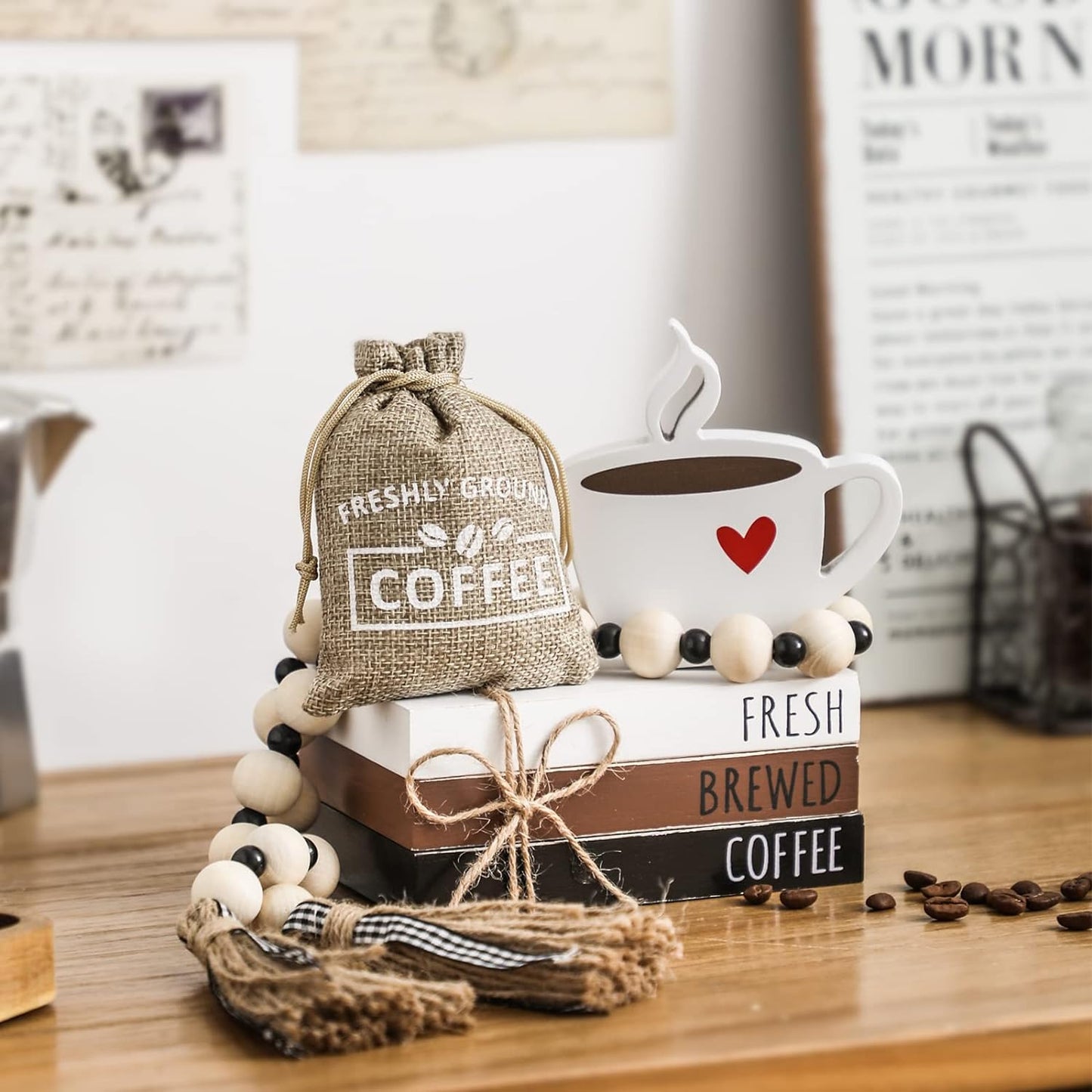 coffee bar decor set, rustic farmhouse coffee accessories, mini coffee table sign, tiered tray decor, wooden book stacks, coffee bar decorations, coffee station decor, high-quality coffee signs, decorative coffee accessories, housewarming gift ideas