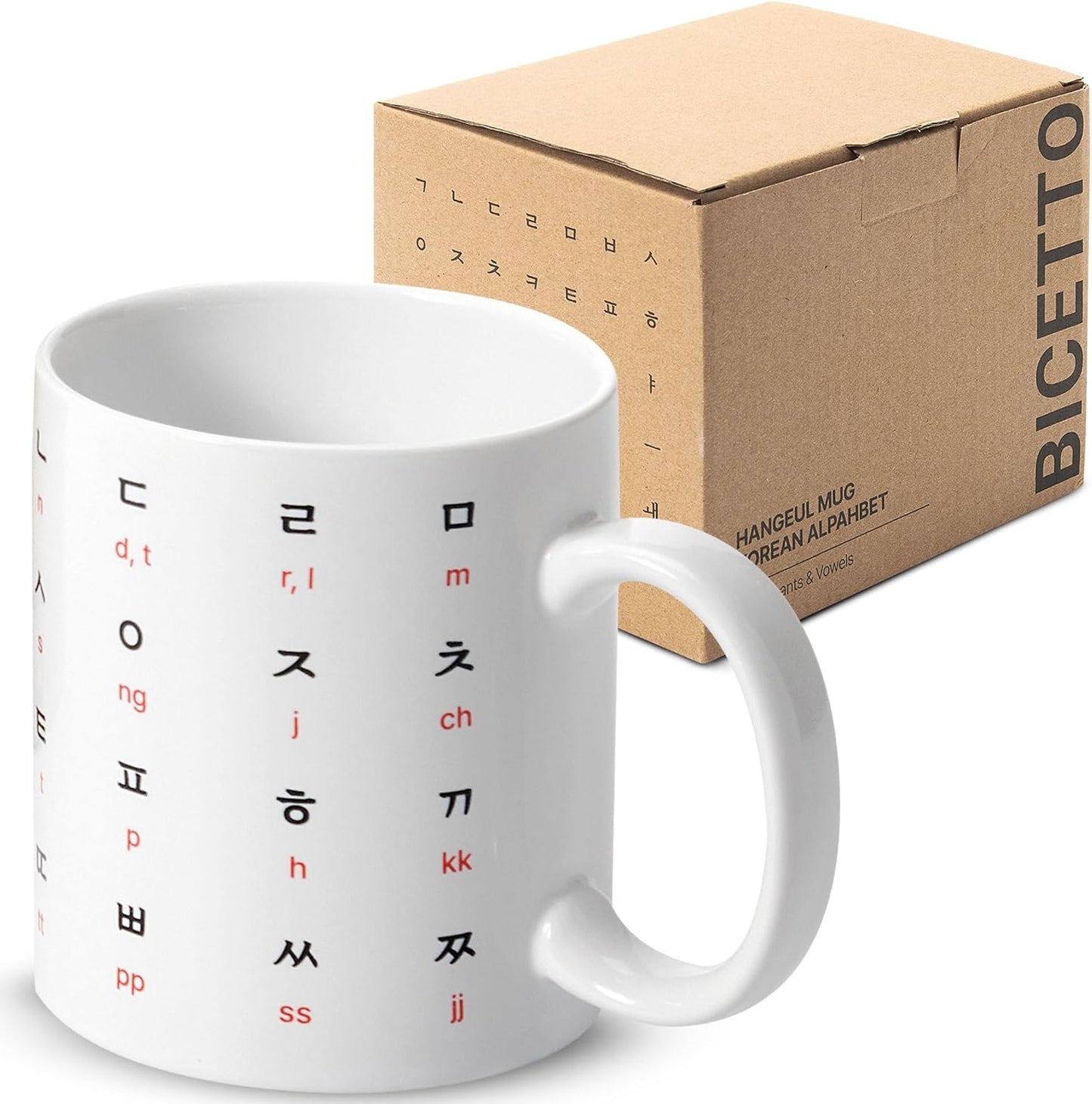 Korean ceramic coffee mug, Hangul alphabet mug, English-Korean learning mug, premium ceramic coffee cup, durable Korean gift mug, language enthusiast gift, stylish coffee mug, vibrant learning coffee cup