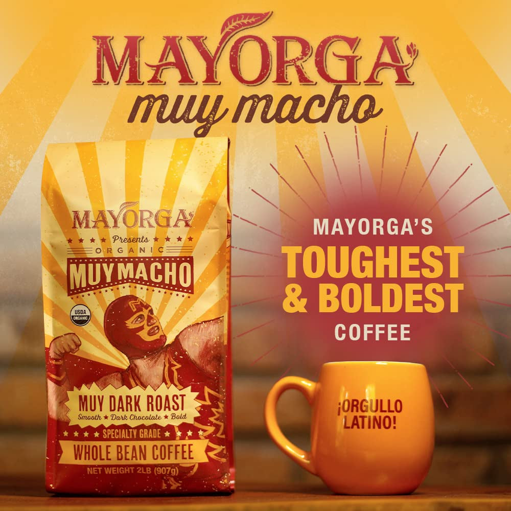 Intense dark roast coffee beans, Muy Macho blend coffee, organic Arabica whole beans, bold flavor coffee, Mayorga coffee 2 lb bag, specialty grade dark roast, direct trade coffee, non-GMO coffee beans.