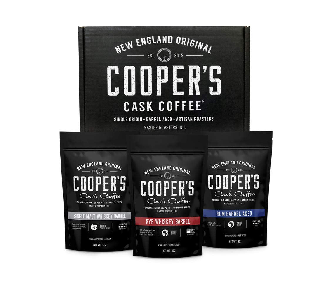 Bourbon Barrel Aged Coffee Bean Set, Single Origin Sumatra, Ethiopian Rye, Rwanda Rum Roasted Coffee Beans, 4oz Pack of 3, Artisan Coffee Roasters, Cooper's Cask Coffee, Whiskey Barrel Aged Coffee, Rum Barrel Aged Coffee, Small Batch Coffee, Grade 1 Coffee Beans