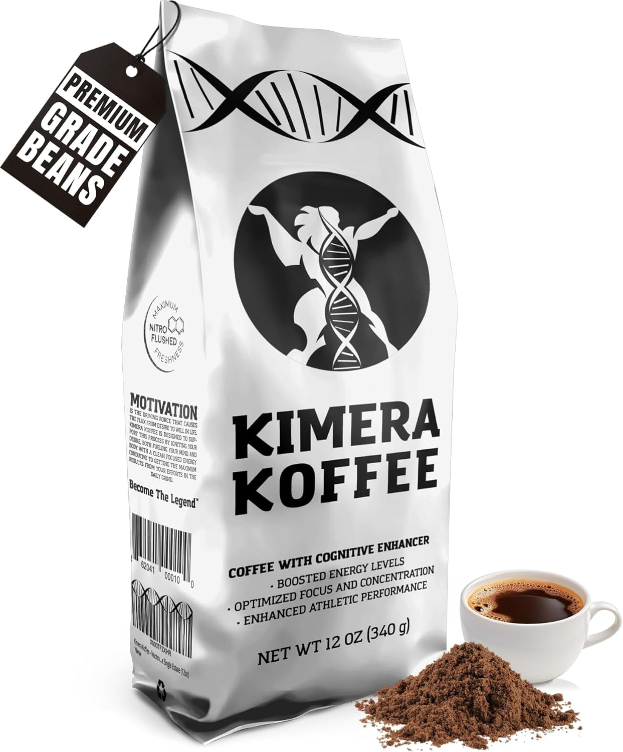 Kimera Koffee Original Blend, Organic Medium Roast Ground Coffee, 12Oz, vitamin-infused with Taurine, Alpha GPC, DMAE, L-Theanine, designed for cognitive support and athletic performance.