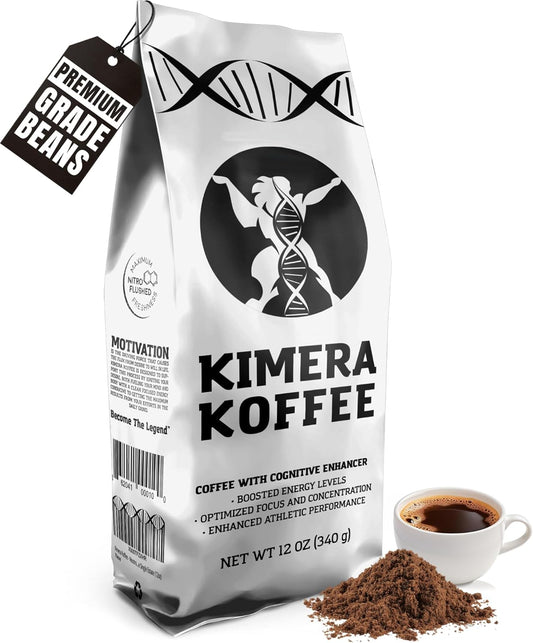 Kimera Koffee Original Blend, Organic Medium Roast Ground Coffee, 12Oz, vitamin-infused with Taurine, Alpha GPC, DMAE, L-Theanine, designed for cognitive support and athletic performance.