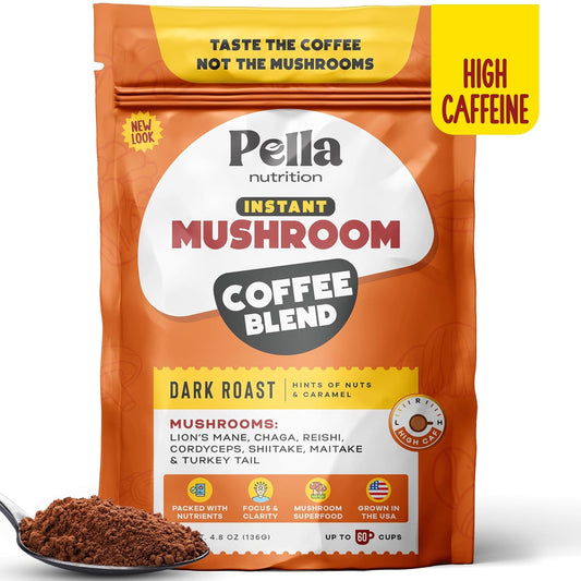 High-Caffeine Mushroom Coffee, 7 Superfood Mushrooms, Lion's Mane, Reishi, Chaga, Cordyceps, Shiitake, Maitake, Turkey Tail, 60 Servings, Robust Instant Coffee