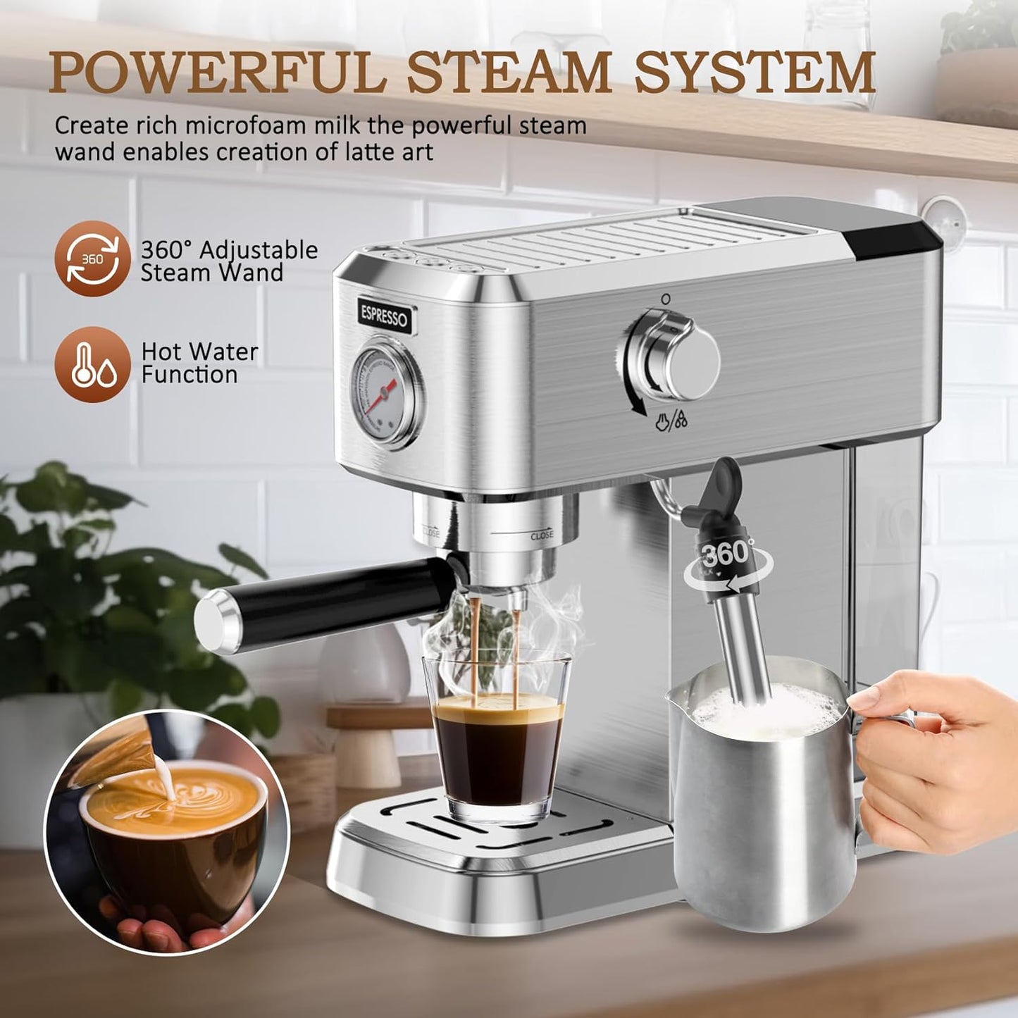 Espresso Machine, 20 Bar Espresso Maker, Milk Frother Steam Wand, Stainless Steel, 50Oz Water Tank, Home Coffee Machine, Cappuccino Latte Maker