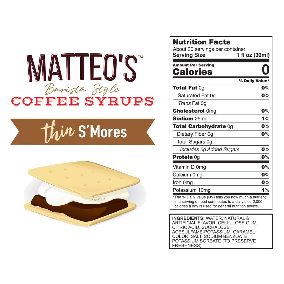 Sugar-free coffee syrup, S'More flavour syrup, Keto-friendly coffee syrup, 33.8 oz syrup bottle, Barista-style coffee syrup