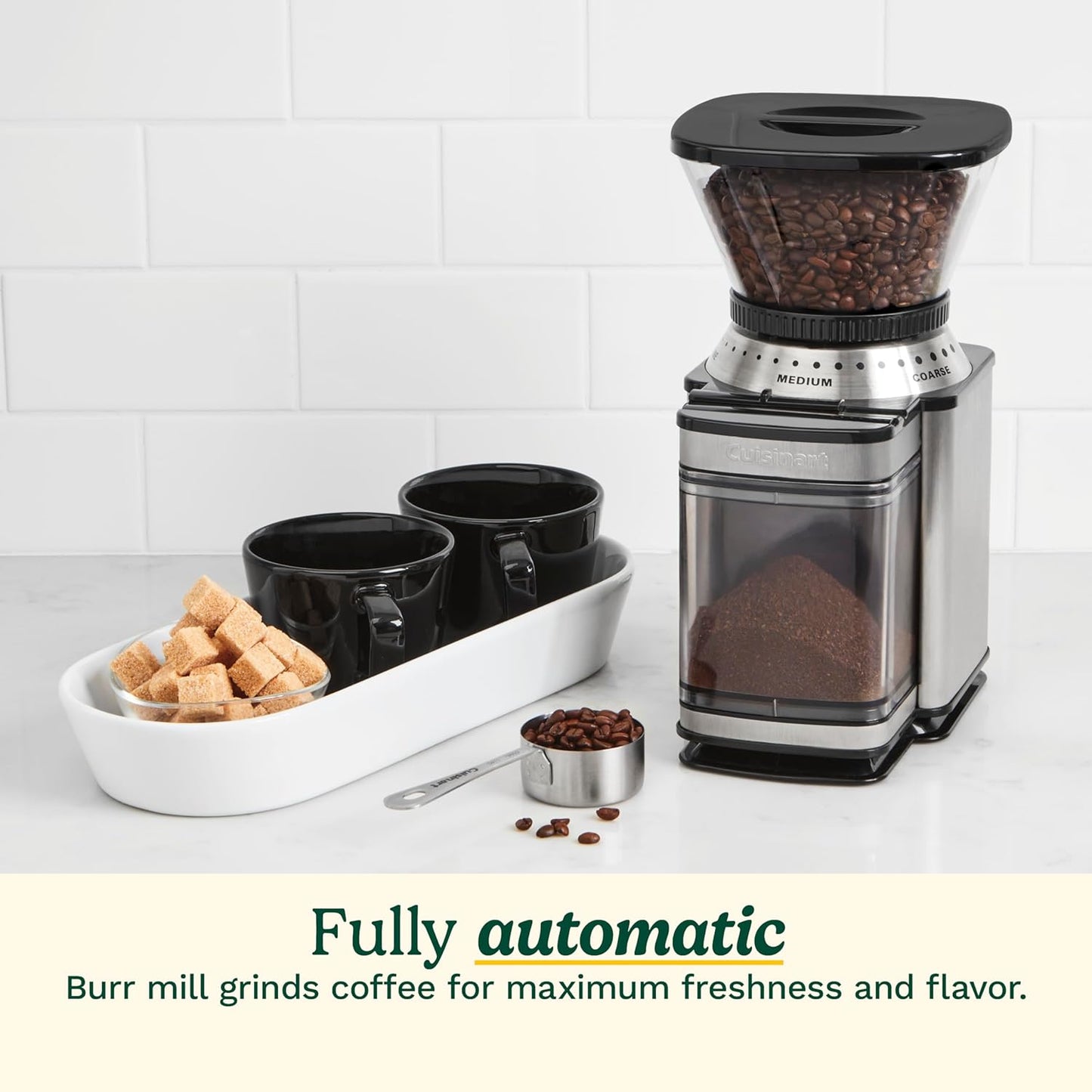 Electric burr grinder, One-touch automatic grinder, 18-position grind selector, Cuisinart burr mill, Stainless steel coffee grinder, Removable bean hopper, Uniform coffee grind, Coffee grinder with timer, Heavy-duty motor grinder, Home coffee grinder