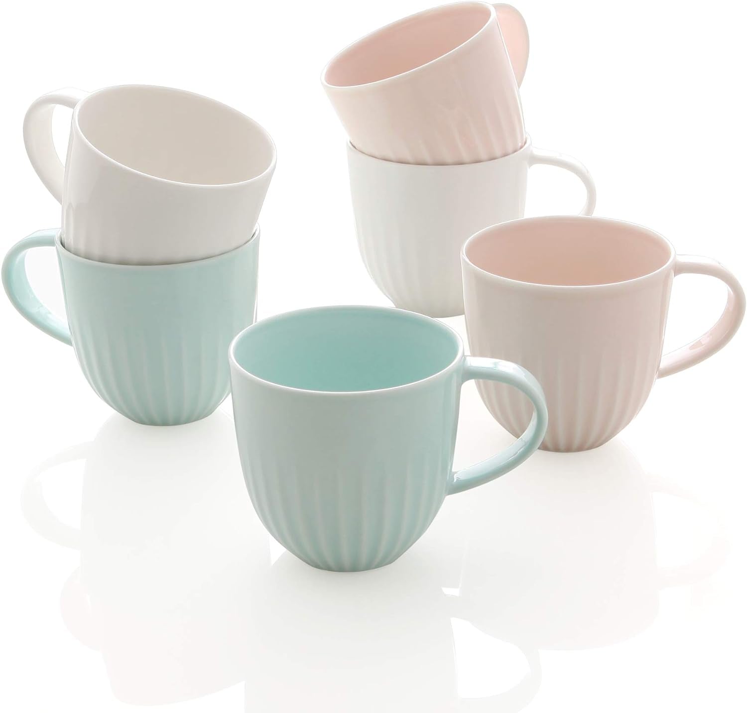 Pleats porcelain coffee mugs, 14 oz coffee mugs, set of 6 mixed color mugs, eco-friendly porcelain mugs, healthy lead-free mugs, dishwasher safe mugs, elegant sculptural mugs, ZEN porcelain mugs