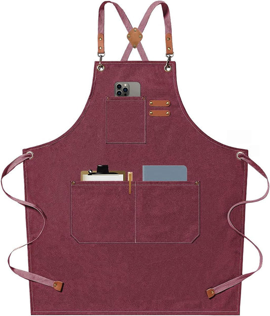 Chef Apron, Cotton Canvas, Cross Back Straps, Large Pockets, Adjustable Apron, Dark Red