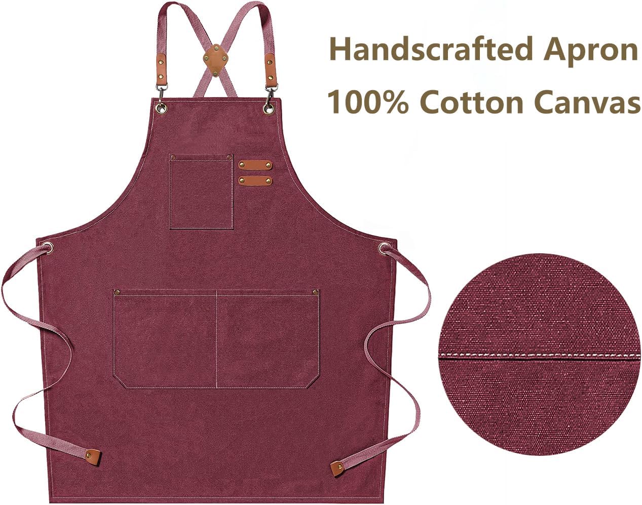 Chef Apron, Cotton Canvas, Cross Back Straps, Large Pockets, Adjustable Apron, Dark Red