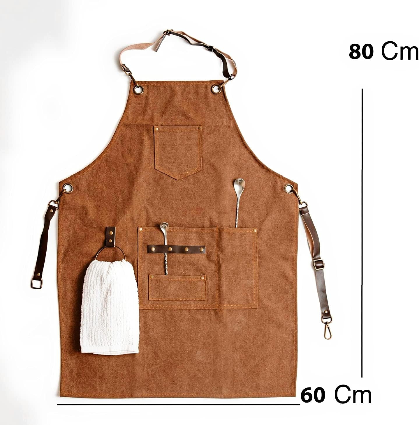 Barista Faux Leather and Canvas Apron, Adjustable Apron with Pockets, Brown Apron for Men and Women