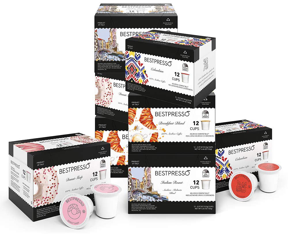 Coffee Variety Pack, 96 single-serve K-Cup pods compatible with Keurig 2.0 brewers, includes Breakfast Blend, Colombian, Donut Shop, and Italian Roast