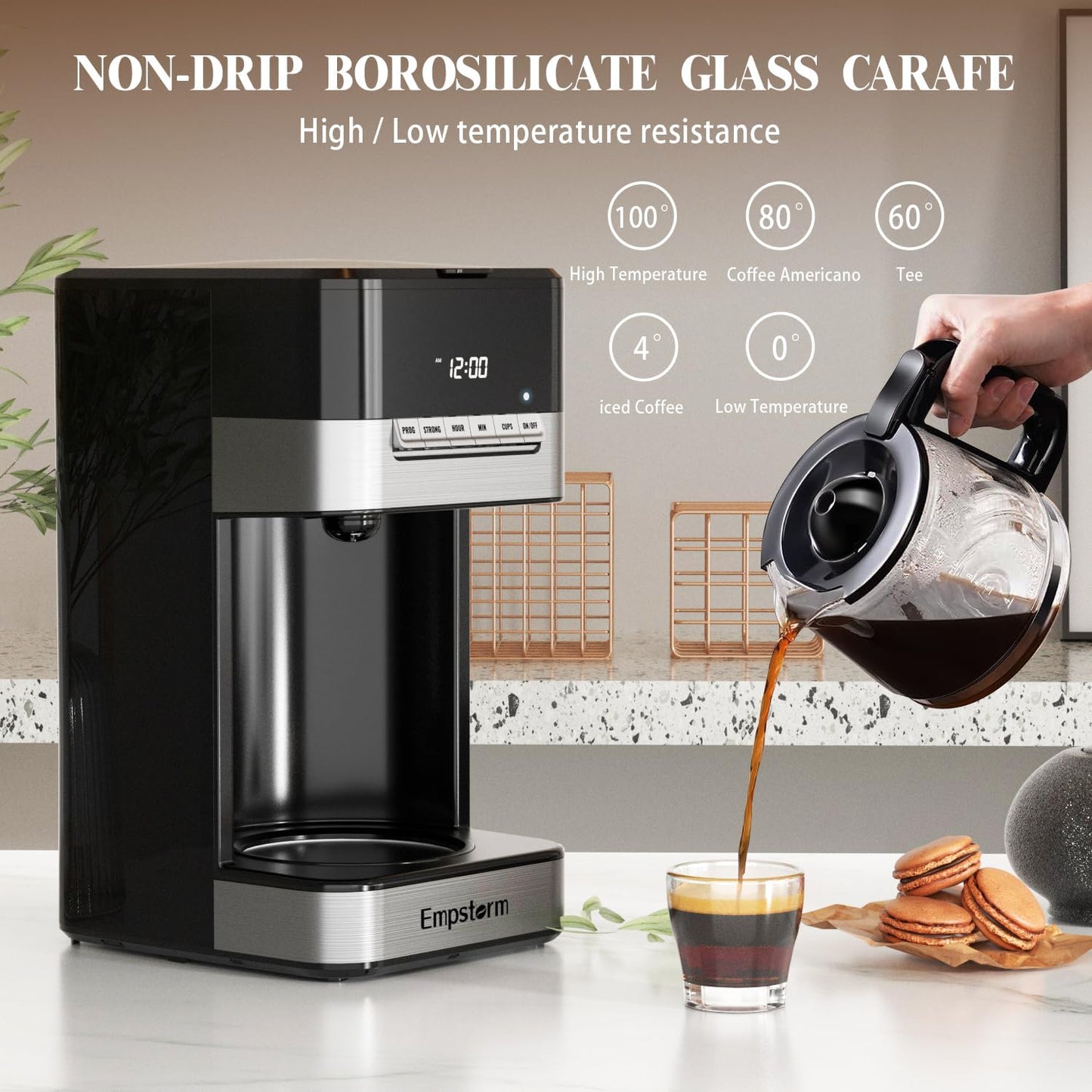 12 cup programmable coffee maker, 1000W coffee machine, fast brew coffee maker, auto shut off coffee maker, 4-hour keep warm coffee maker, anti-drip coffee machine