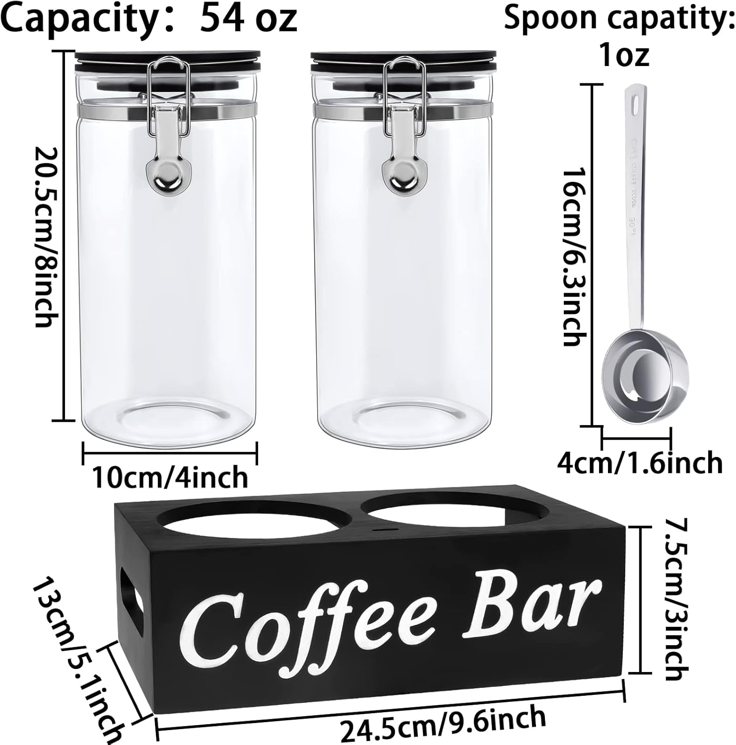 glass coffee containers, coffee storage jars, 54oz glass jars, airtight coffee canisters, coffee bean storage, coffee bar accessories, glass food storage containers, coffee jar with shelf, kitchen storage jars, borosilicate glass canisters