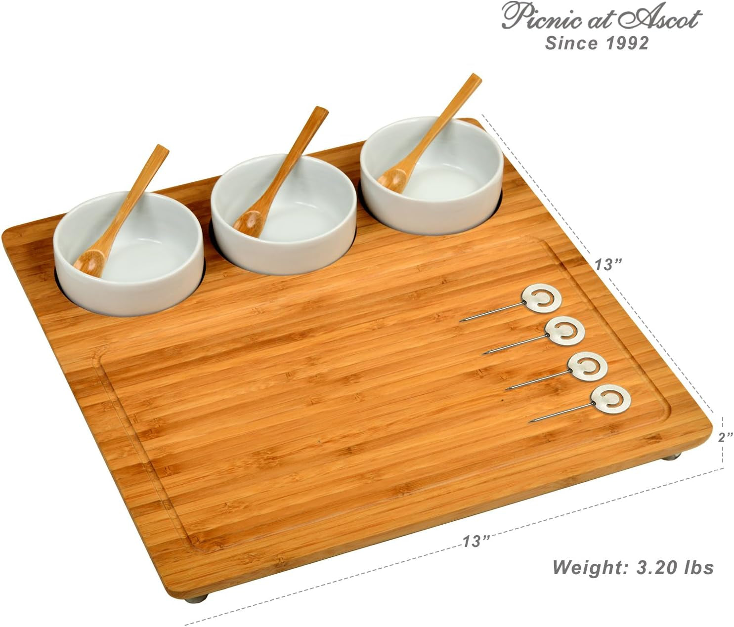 Bamboo Cheese Board with Ceramic Bowls and Spoons, 13"x13" Charcuterie Platter, Organically Grown Bamboo Serving Platter, High-Quality Cheese Board