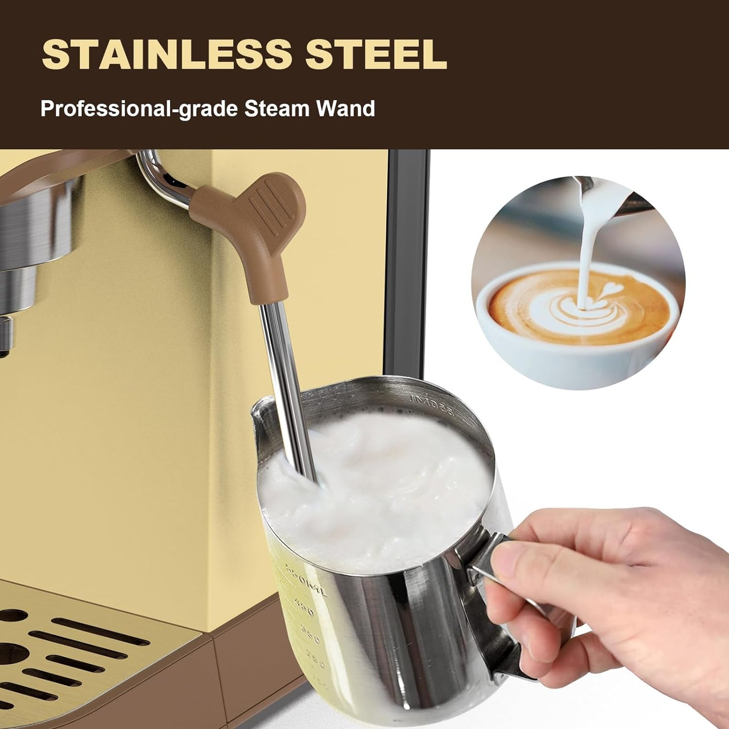 Espresso Machine, 20 Bar Espresso Maker, Milk Frother Steam Wand, 35Oz Water Tank, Cappuccino Latte Maker, Stainless Steel, Mocha Cream