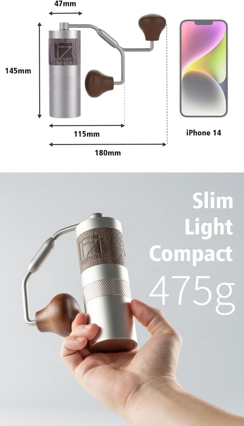 Mini Slim Travel Size Manual Coffee Grinder, compact manual coffee grinder, portable coffee grinder, foldable handle coffee grinder, lightweight travel coffee grinder, dual bearing coffee grinder, adjustable grind settings coffee grinder, easy to clean manual coffee grinder, premium manual coffee grinder, travel-friendly coffee grinder