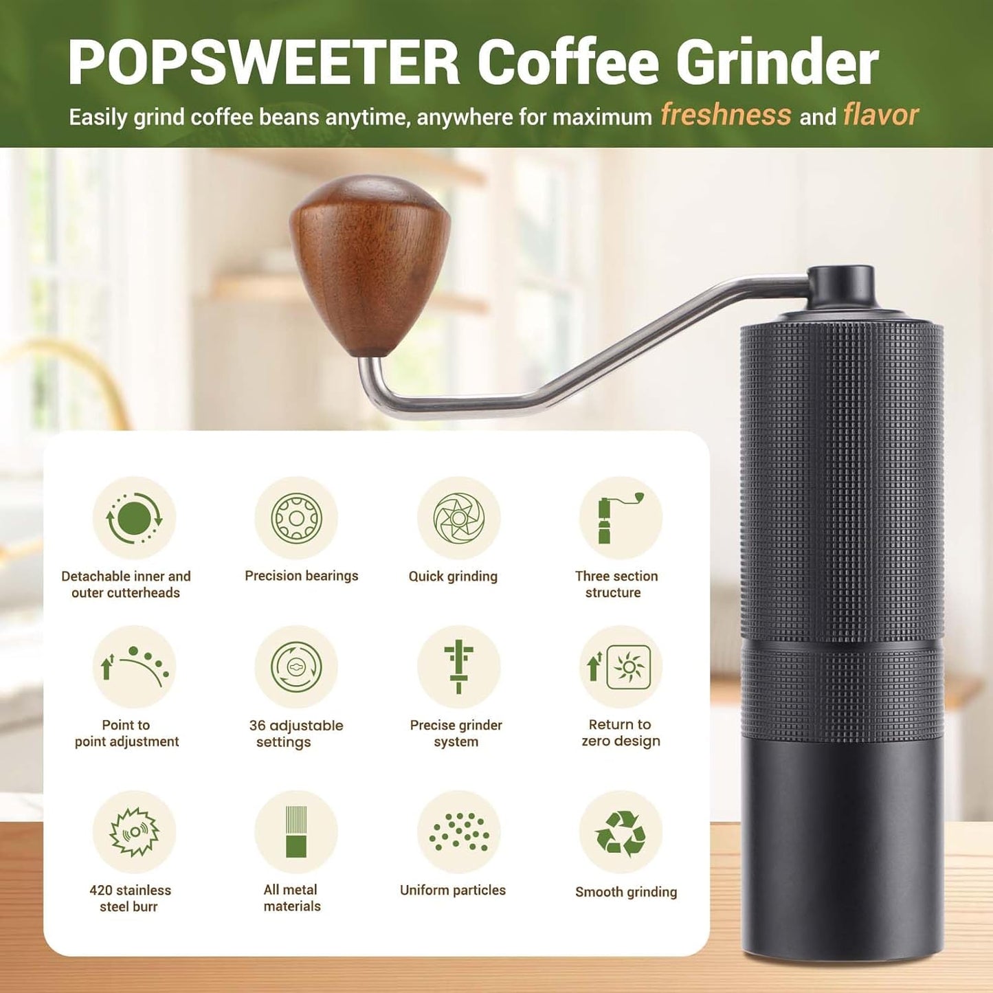 Manual coffee bean grinder, Stainless steel conical burr grinder, Portable manual coffee grinder, Adjustable grind settings coffee grinder, Handheld coffee bean grinder for espresso, Silent manual coffee grinder, Easy to clean manual coffee grinder, Barista-quality hand coffee grinder, CNC-cut stainless steel burrs coffee grinder, Precision grinding coffee bean grinder